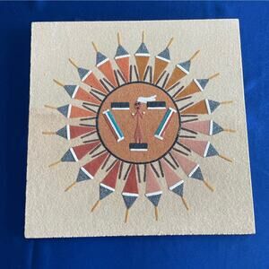 Vintage Navajo Signed Sand Painting Sun Eagle